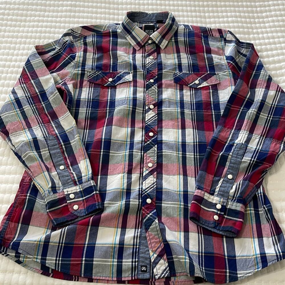 Micros Red/Blue Plaid Snap Button Long Sleeve Shirt Size XL